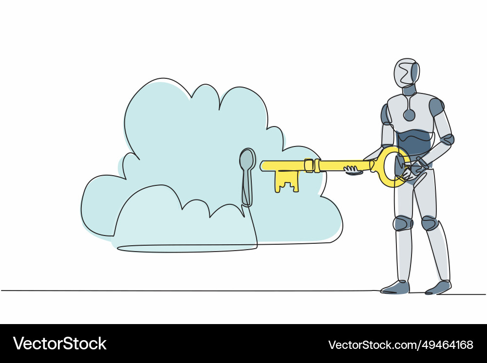 Continuous one line drawing robot putting big key Continuous one line drawing robot putting big key vector image