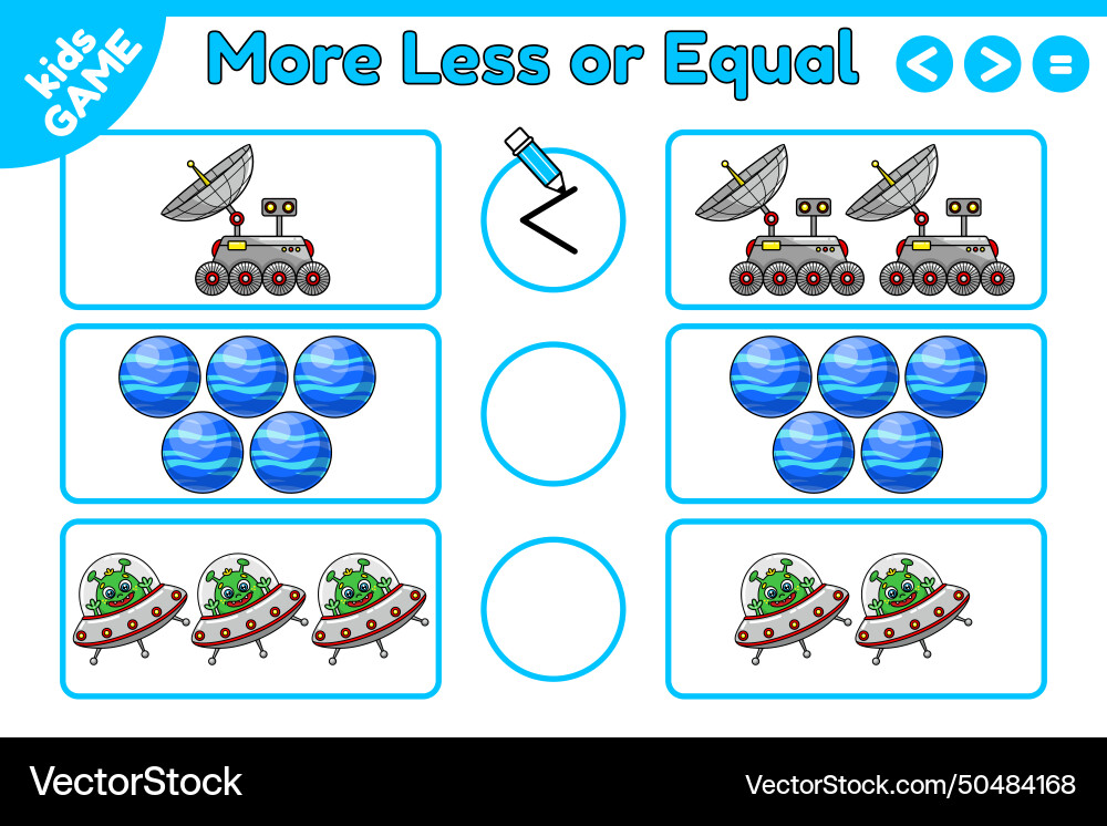 Math game more less or equal with space objects Math game more less or equal with space objects vector image
