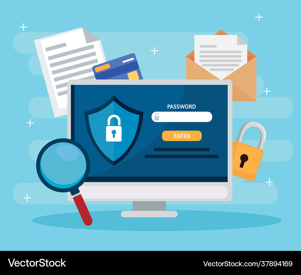 Computer with lupe and shield vector image