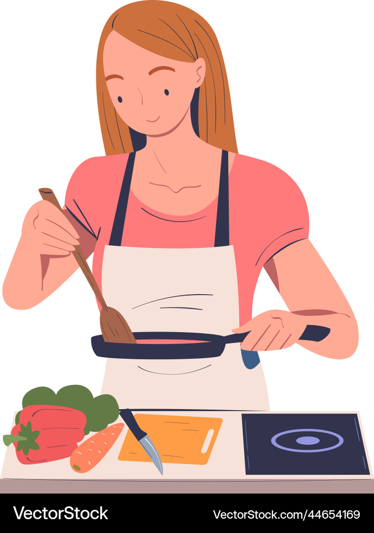 Frau Charakter Kochen zu Hause Stehtisch Frau Charakter Kochen zu Hause Stehtisch Vektorbild