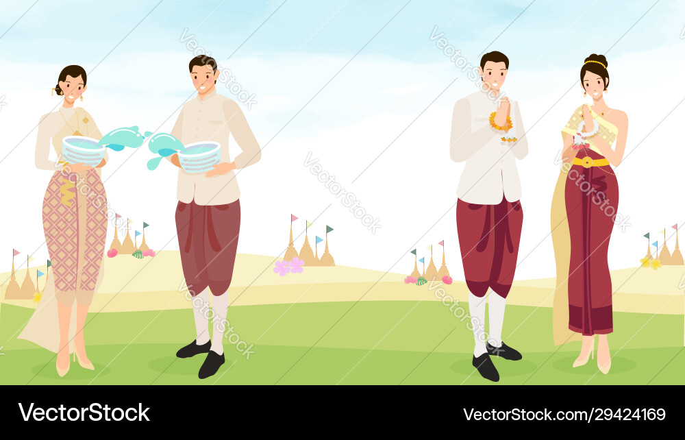 Happy thai couple enjoy songkran water festival Happy thai couple enjoy songkran water festival vector image