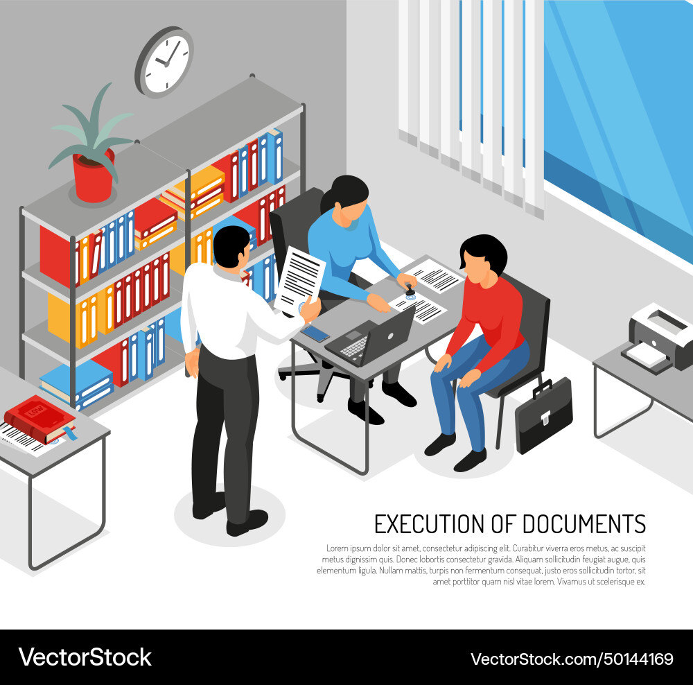 Notary and clients during execution of documents vector image