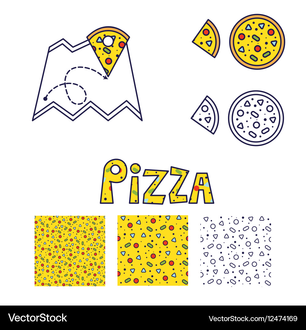 Pizza line icon and seamless pattern set Vector Image