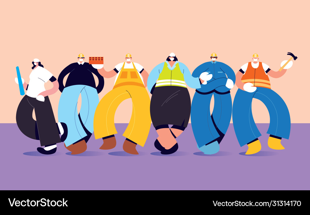 Group technicians and engineers with face mask Group technicians and engineers with face mask Vector Image