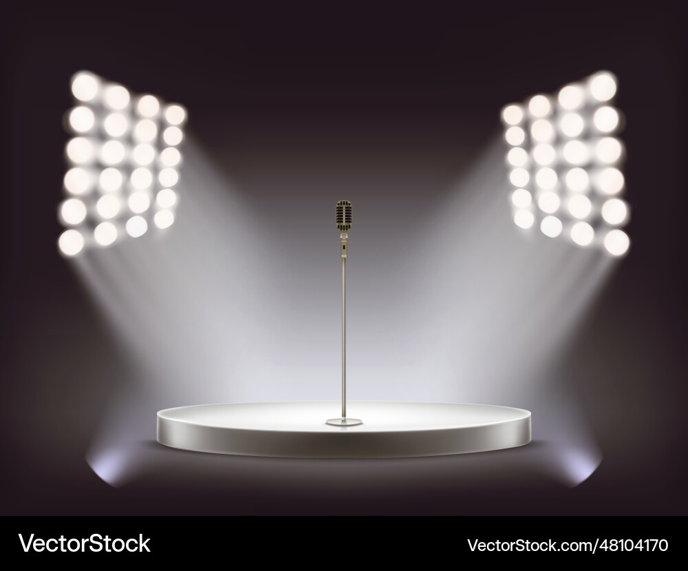 Realistic microphone on empty round stage Vector Image
