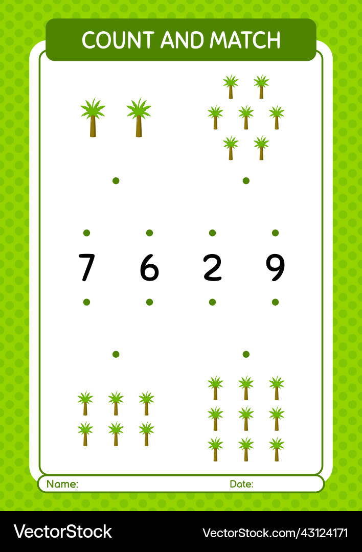 Count and match game with palm tree worksheet Count and match game with palm tree worksheet vector image