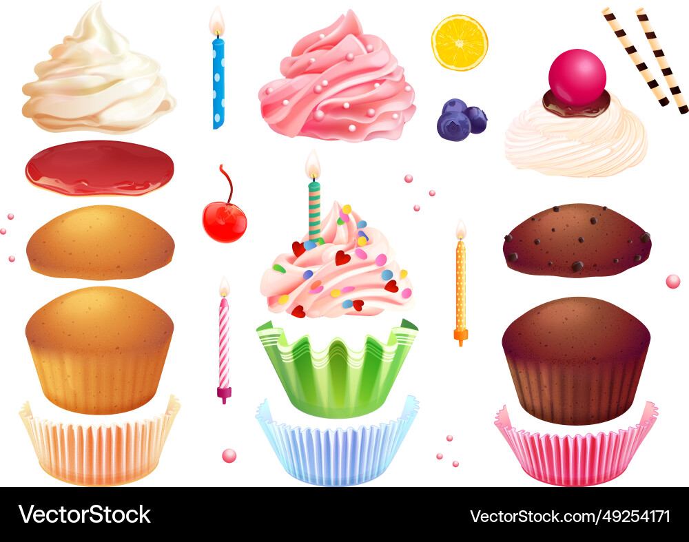 Cupcakes creation realistic muffin constructor Cupcakes creation realistic muffin constructor vector image