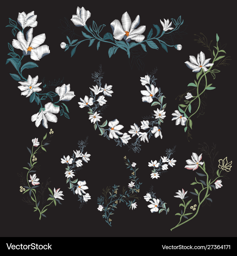 Embroidery floral pattern with magnolia on black Embroidery floral pattern with magnolia on black vector image