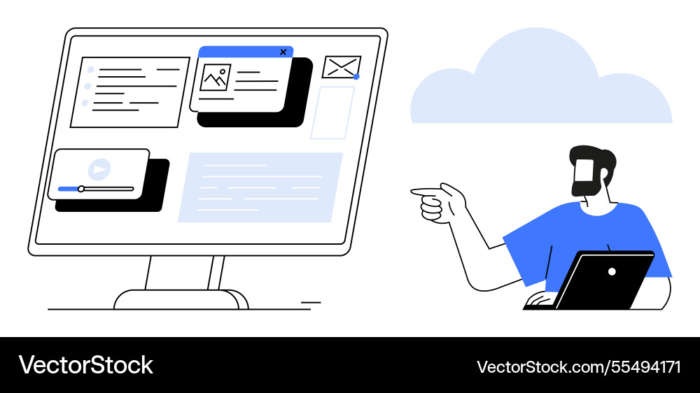 Man pointing at a screen with various digital Man pointing at a screen with various digital vector image