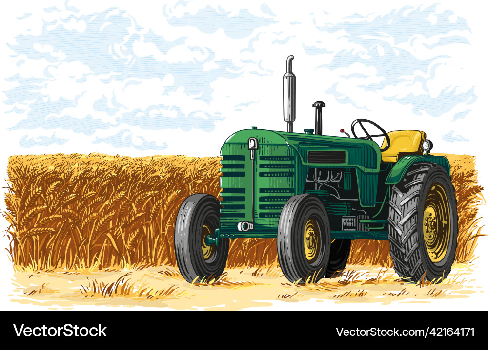 Traktor auf dem Feld Hand Zeichnung Skizze Gravur Traktor auf dem Feld Hand Zeichnung Skizze Gravur vektorbild