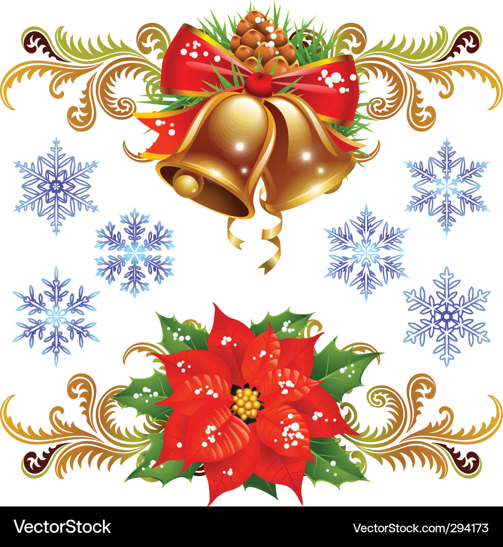 Christmas Bells & Poinsettias Vector Image