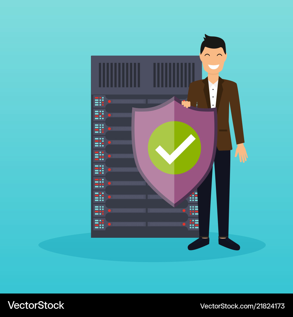 Man with protection shield on a server background Vector Image