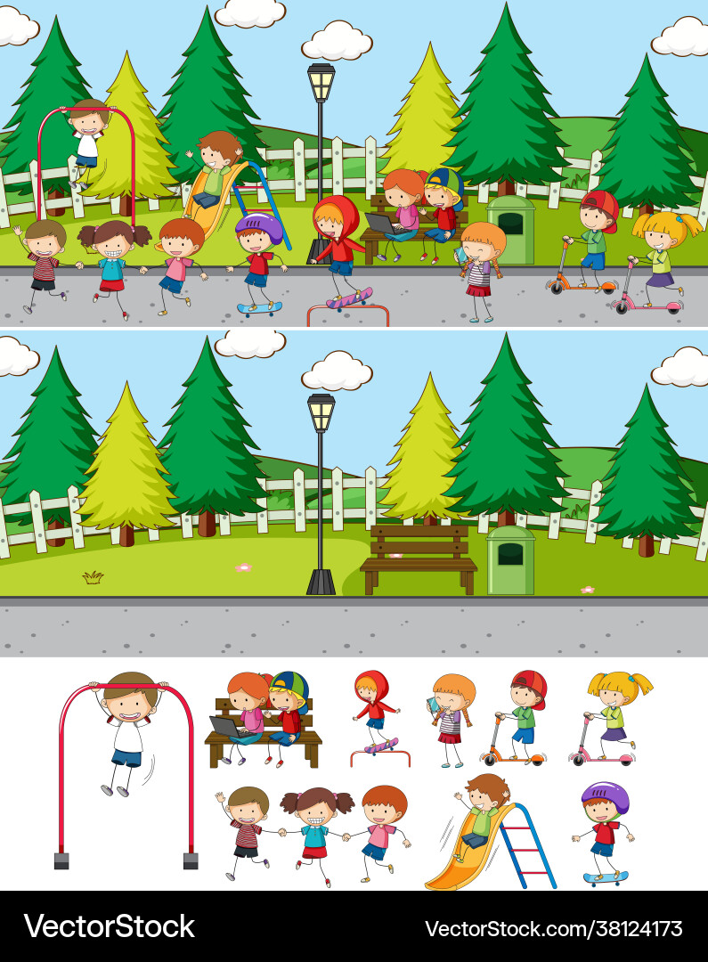 Park scene set with many kids cartoon character Park scene set with many kids cartoon character vector image