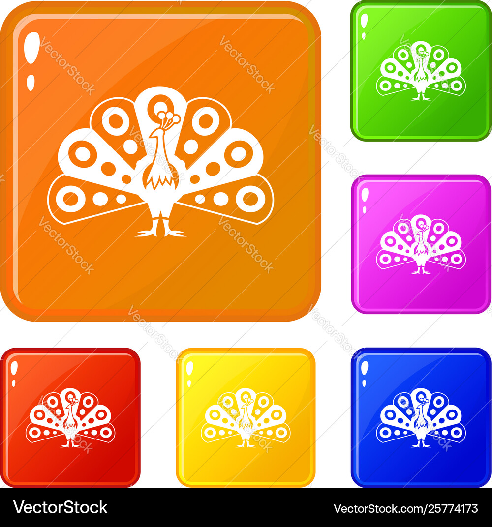 Peacock with flowing tail icons set color Peacock with flowing tail icons set color vector image