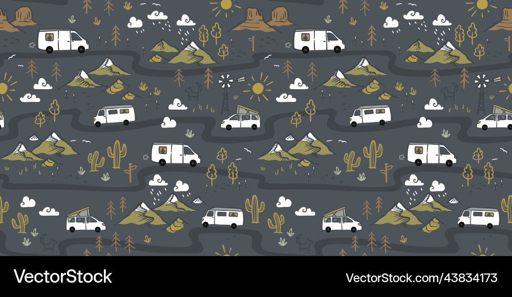 Road trip seamless pattern doodle camper vans Vector Image