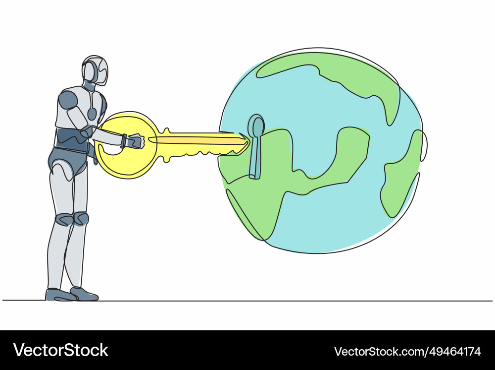 Continuous one line drawing robot putting key Continuous one line drawing robot putting key Vector Image