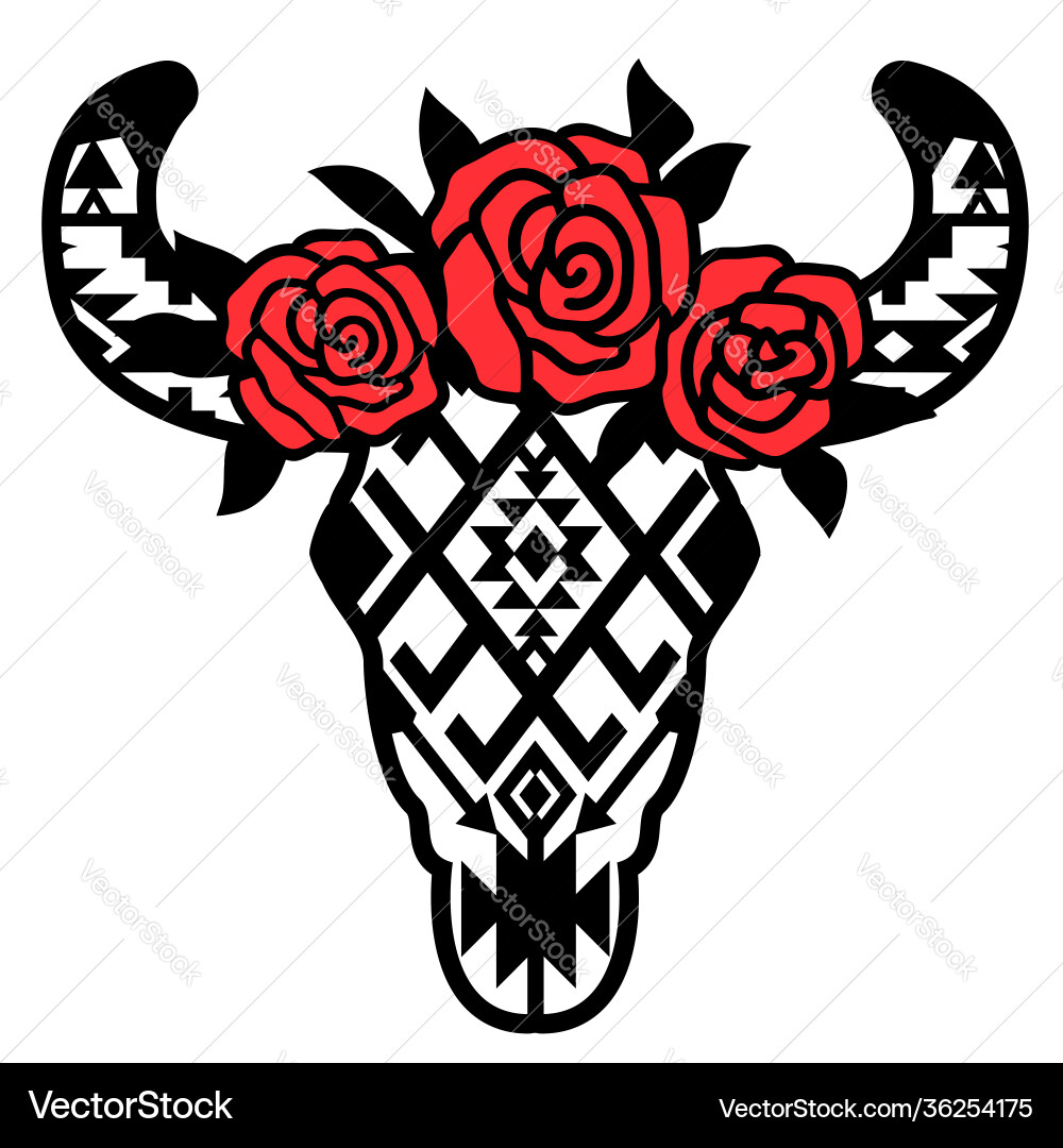 Cow skull with traditional aztec ornament and red Vector Image