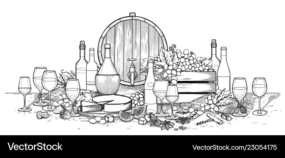 Grafische Weingläser und Flaschen verziert Grafische Weingläser und Flaschen verziert vektorbild