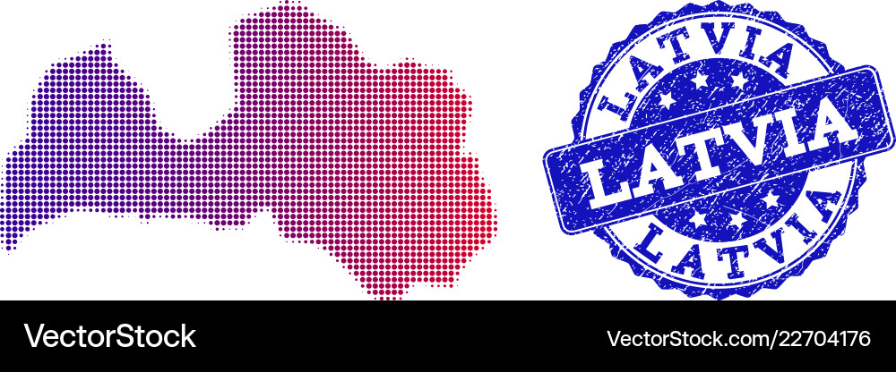 Halftone gradient map of latvia and textured seal Halftone gradient map of latvia and textured seal Vector Image