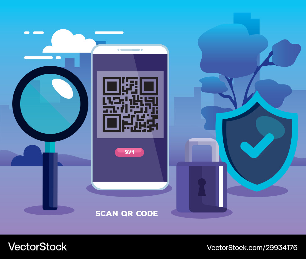 Qr code inside smartphone lupe shield and padlock Qr code inside smartphone lupe shield and padlock vector image