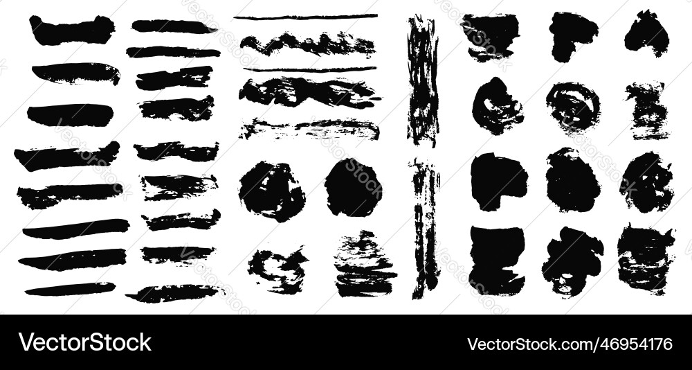 Set of black textured brush strokes and blobs Set of black textured brush strokes and blobs Vector Image