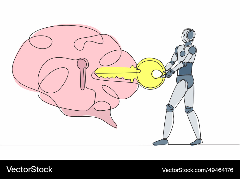 Single continuous line drawing robot putting key Single continuous line drawing robot putting key vector image
