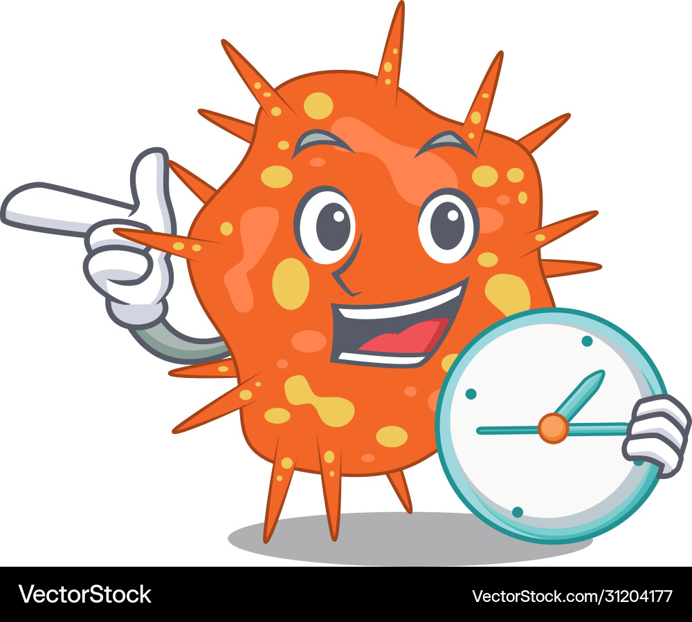 Burkholderia mallei mascot lächelnd mit uhr Burkholderia mallei mascot lächelnd mit uhr vektorbild