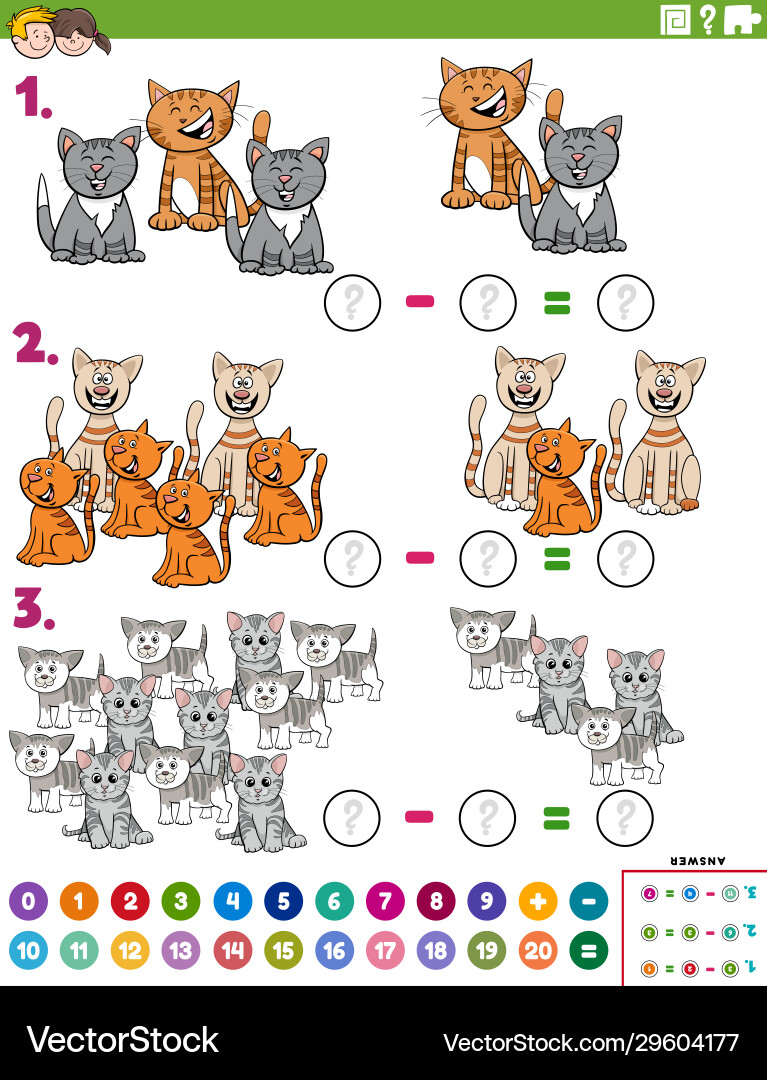 Maths subtraction educational task with cats Vector Image