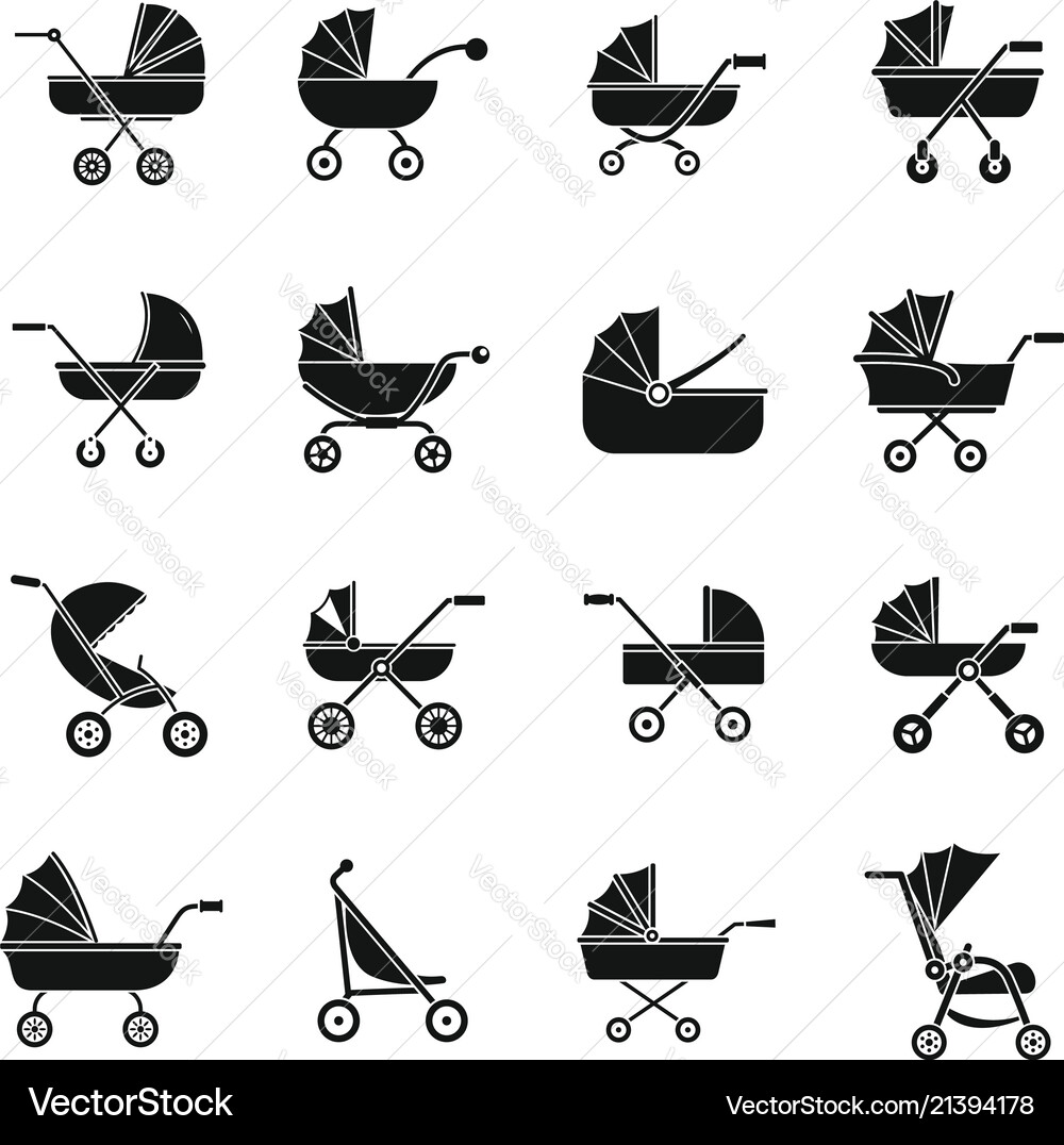 Pram stroller carriage icons set simple style Pram stroller carriage icons set simple style vector image