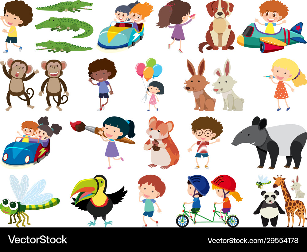 Set isolated objects children and animals Set isolated objects children and animals vector image