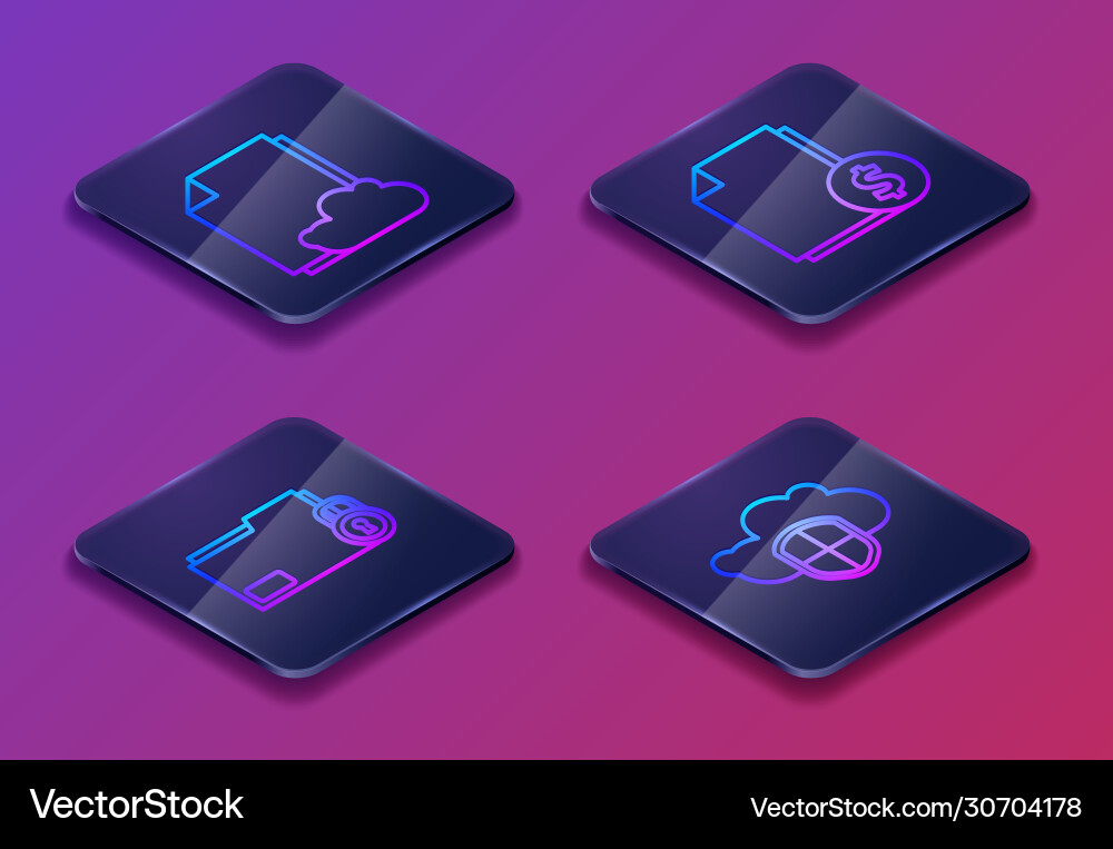 Set isometric line cloud storage text document Set isometric line cloud storage text document vector image
