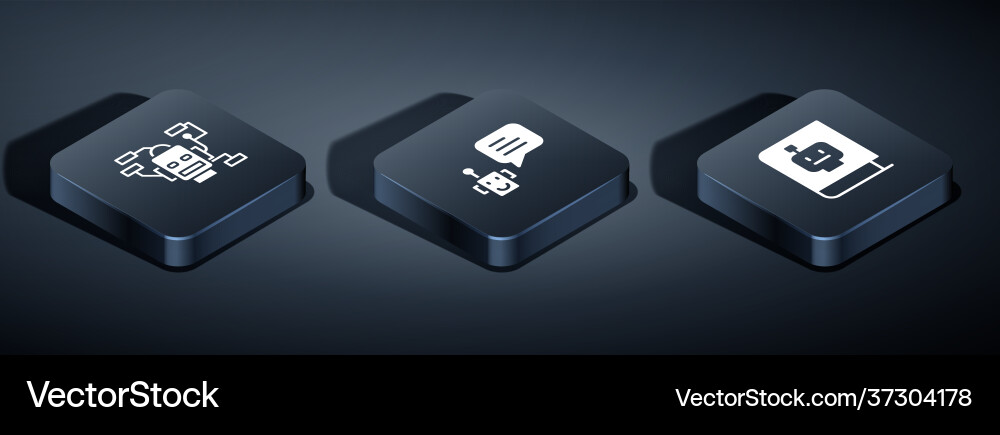 Set isometric robot user manual and bot icon Set isometric robot user manual and bot icon vector image