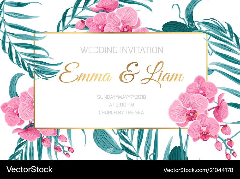 Wedding invitation card frame orchid flower leaves Wedding invitation card frame orchid flower leaves vector image