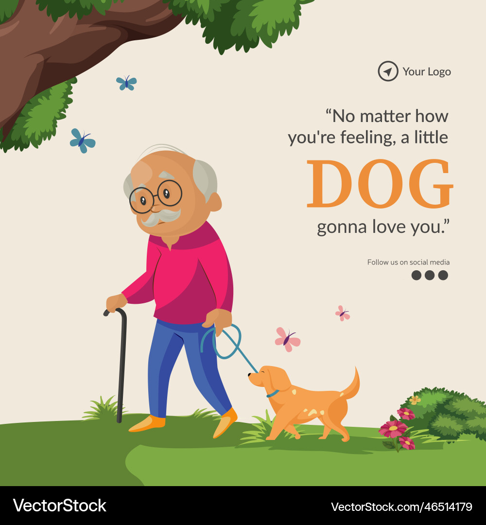 Banner design of old man walking the dog template Banner design of old man walking the dog template vector image