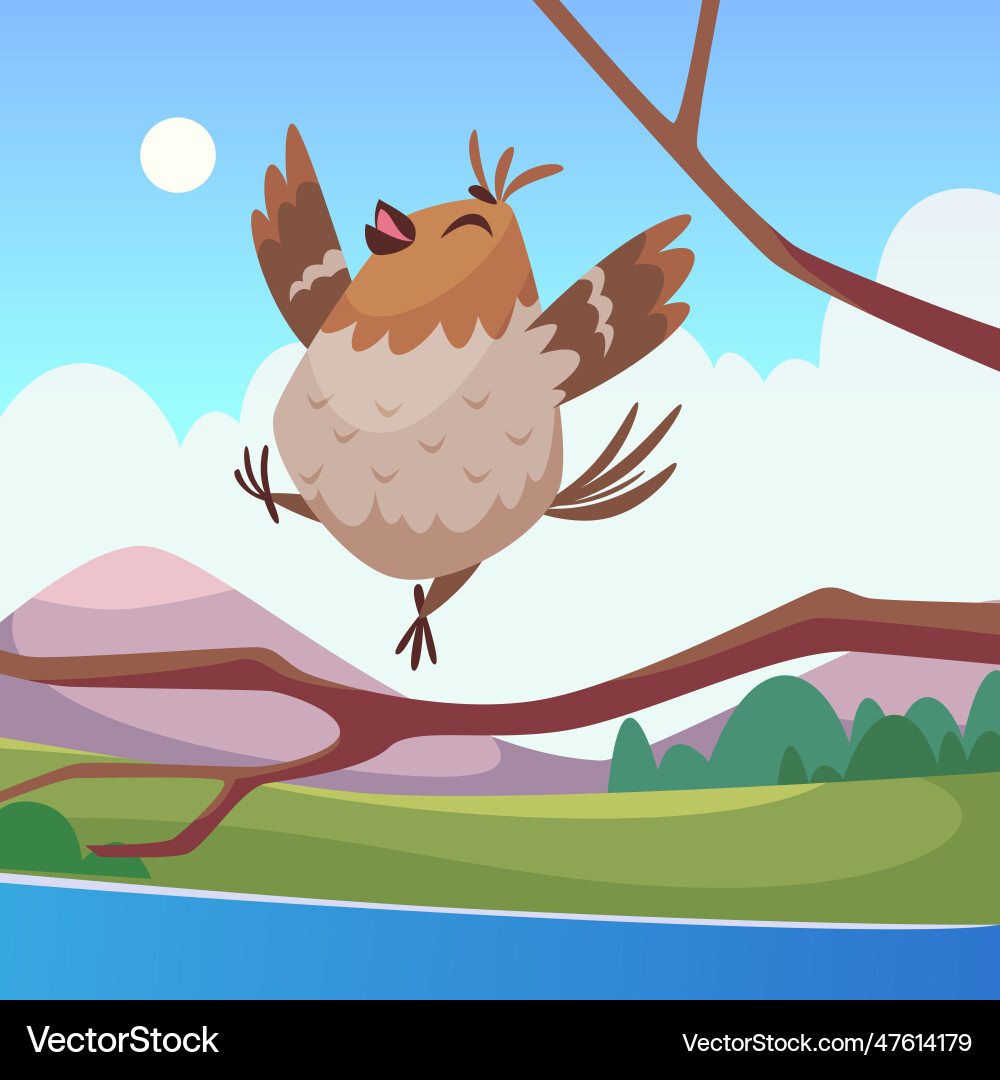 Bird on branch happy sparrow sing song tree Bird on branch happy sparrow sing song tree vector image