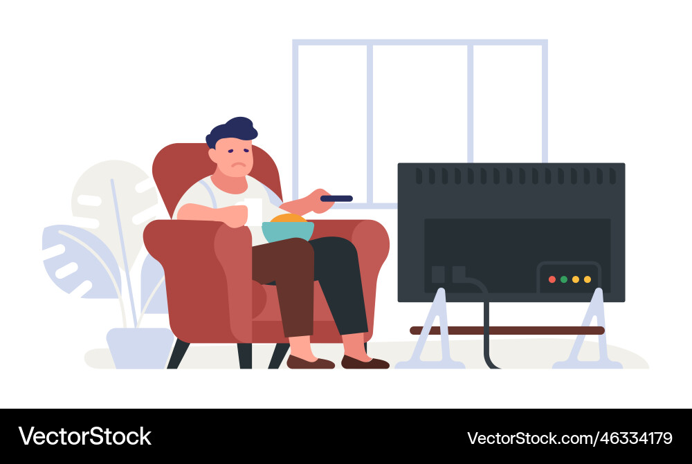 Sad fat guy watching tv and eating lazy man Sad fat guy watching tv and eating lazy man vector image