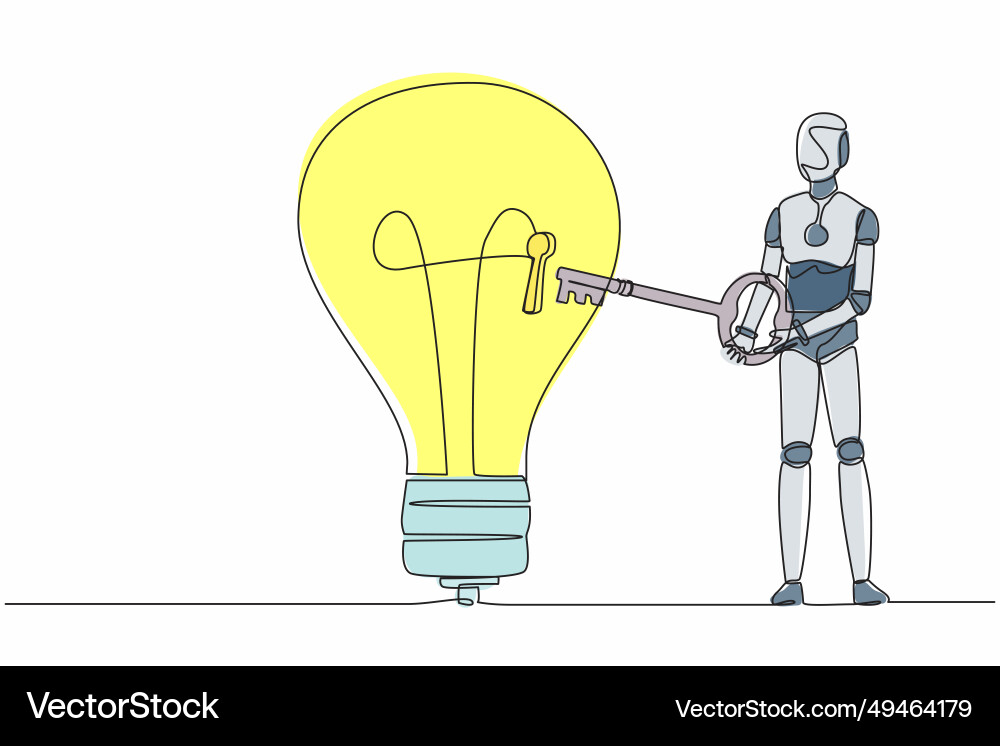 Single one line drawing robot put big key Vector Image