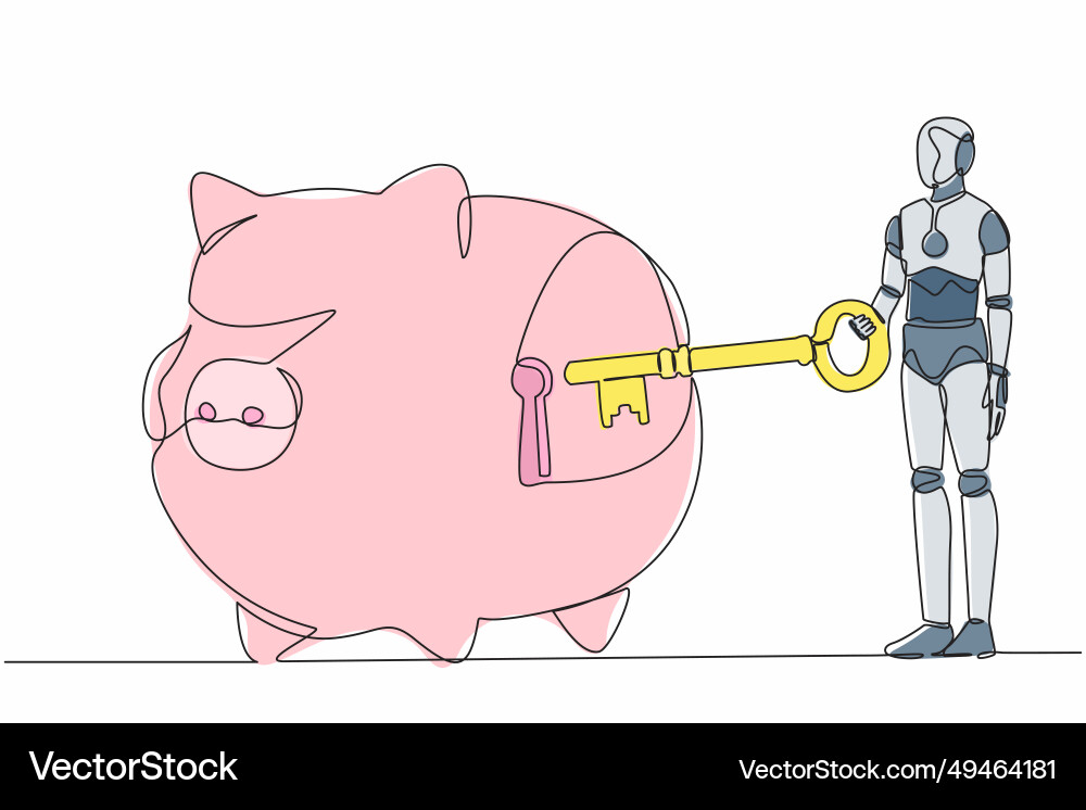 Continuous one line drawing robot putting big key Continuous one line drawing robot putting big key Vector Image