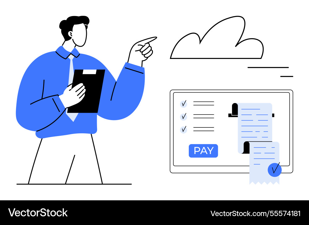 Man holding clipboard points to cloud and computer Man holding clipboard points to cloud and computer vector image