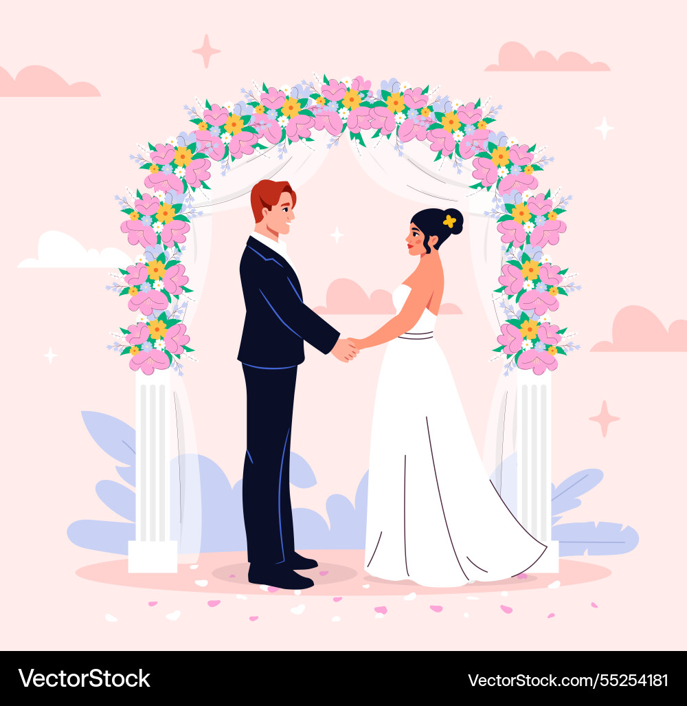 Wedding couple under floral arch Wedding couple under floral arch vector image