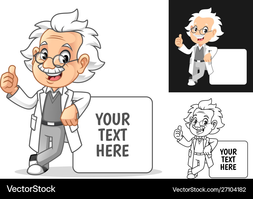 Happy old man professor leaning on empty board vector image