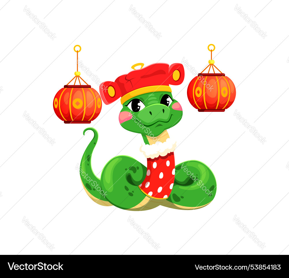 Cartoon Schlange in festlichen Kleidung und roten Laternen Cartoon Schlange in festlichen Kleidung und roten Laternen vektorbild