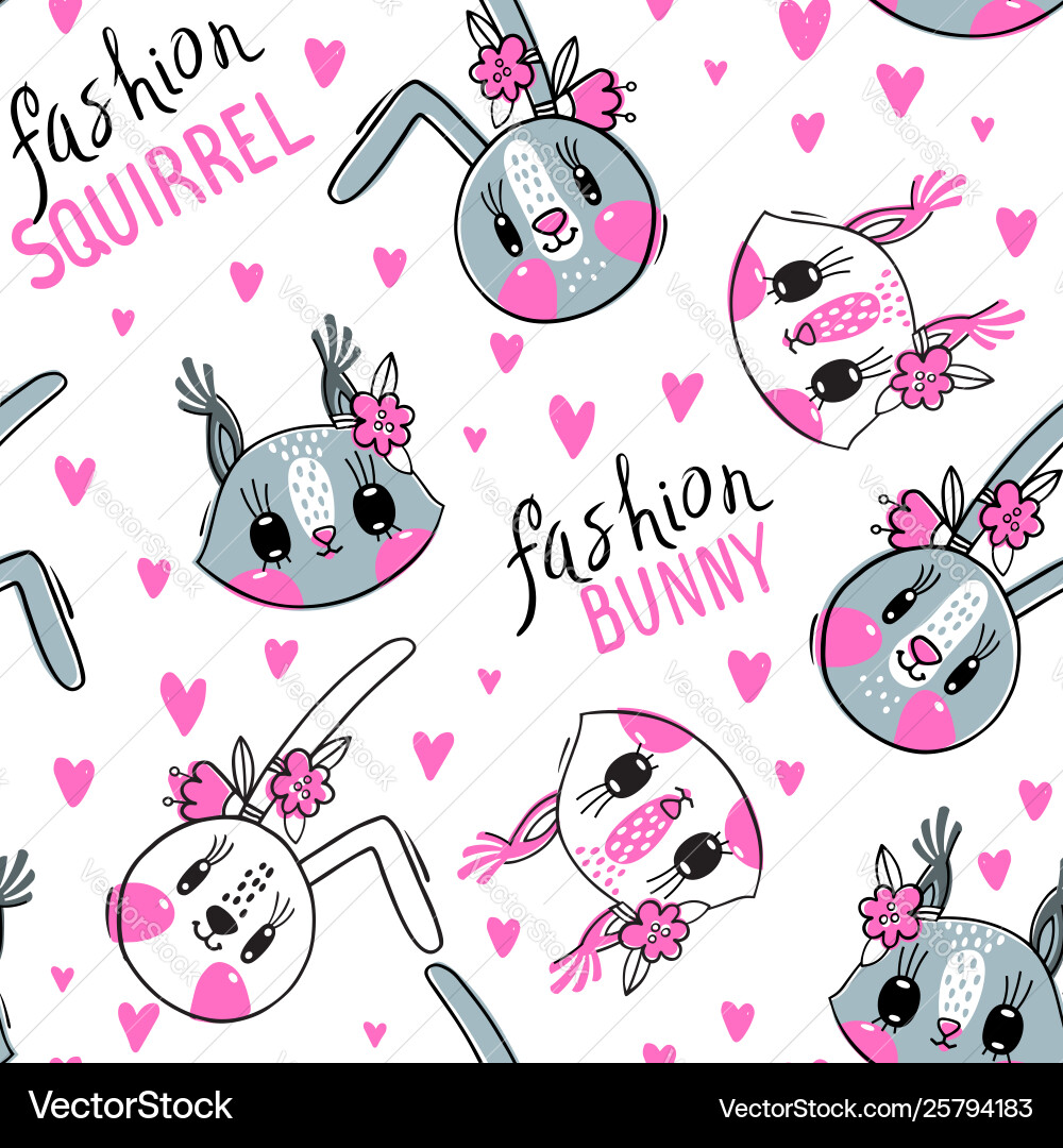 Seamless pattern with faces bunny and squirrel Seamless pattern with faces bunny and squirrel vector image