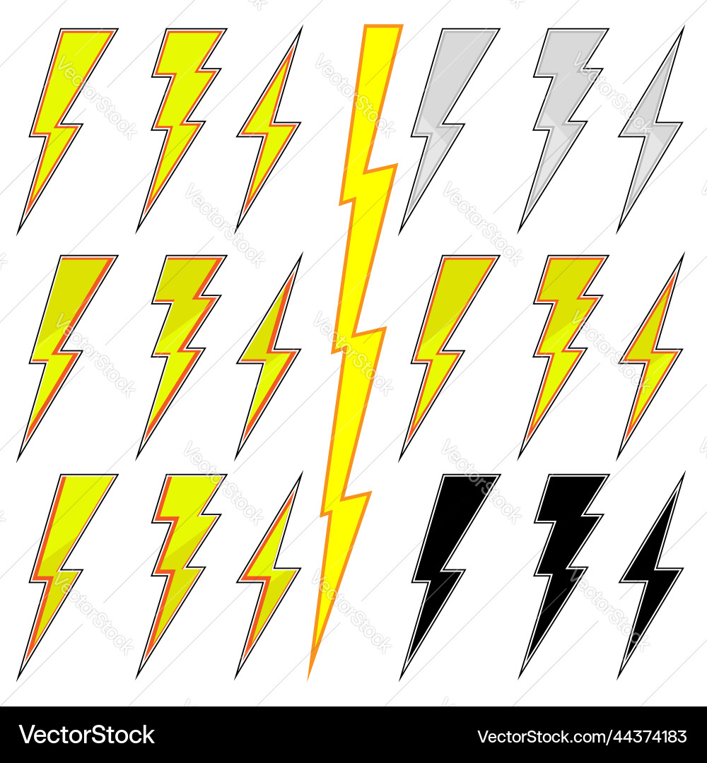 Set of different lightning bolt icons isolated Set of different lightning bolt icons isolated Vector Image