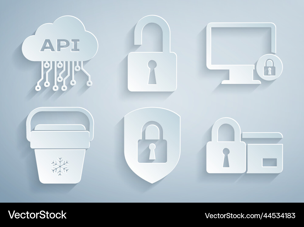 Set shield security with lock on monitor Set shield security with lock on monitor vector image