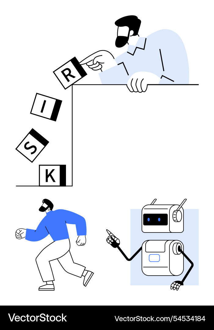 Man taking risk with blocks robot reacting Vector Image