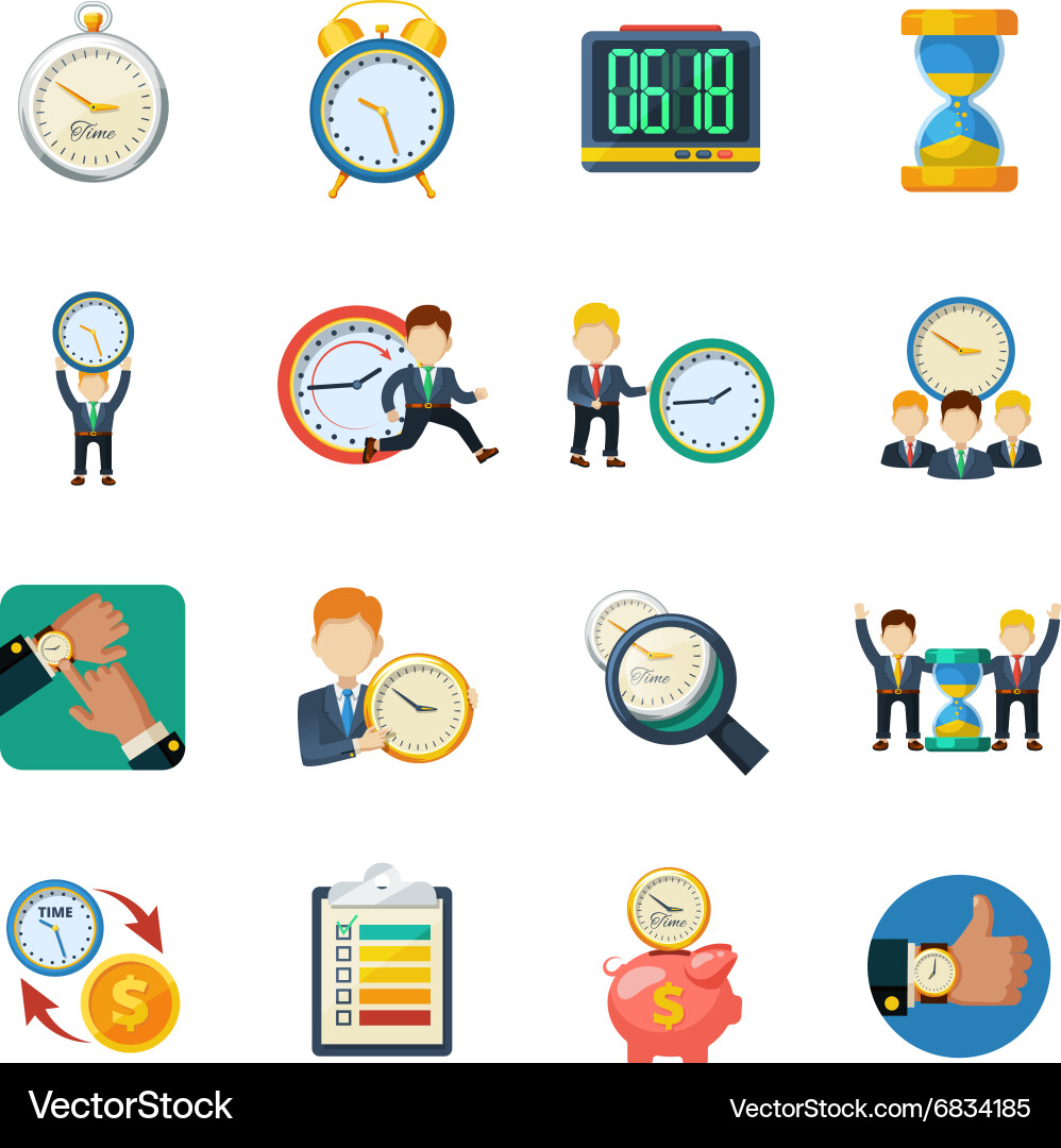 Time management flat icons set Vector Image
