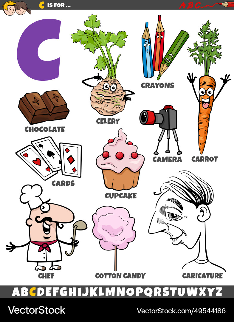 Letter c set with cartoon objects and characters Letter c set with cartoon objects and characters Vector Image