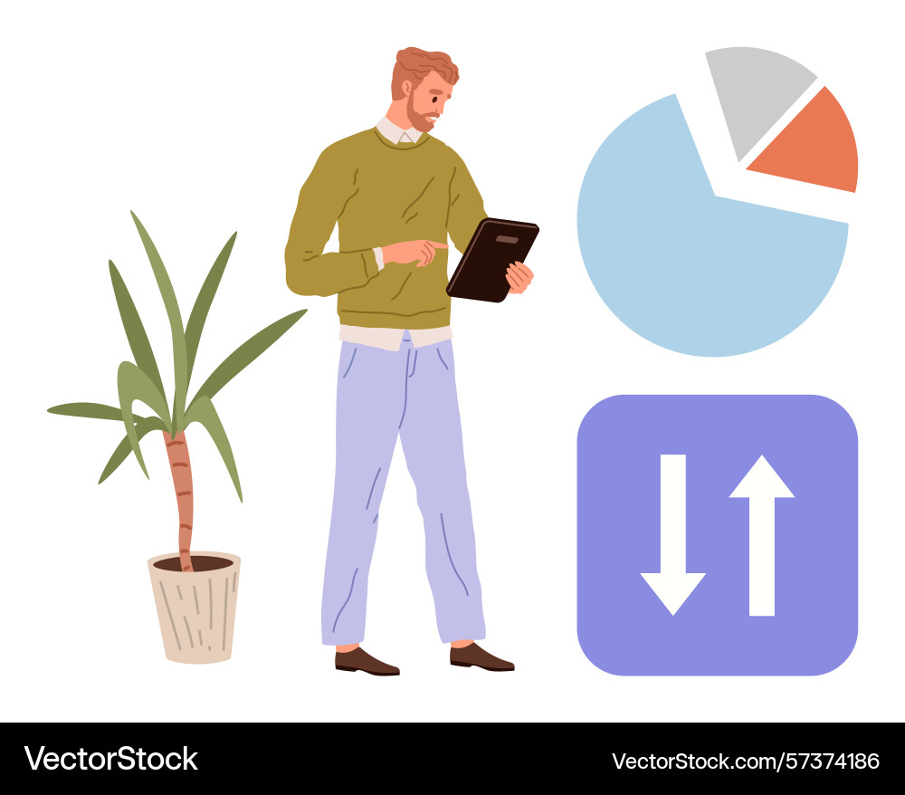 Man analyzing data on tablet next to pie chart Man analyzing data on tablet next to pie chart vector image