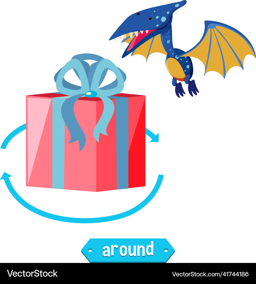Preposition wordcard with dinosaur and box Preposition wordcard with dinosaur and box Vector Image